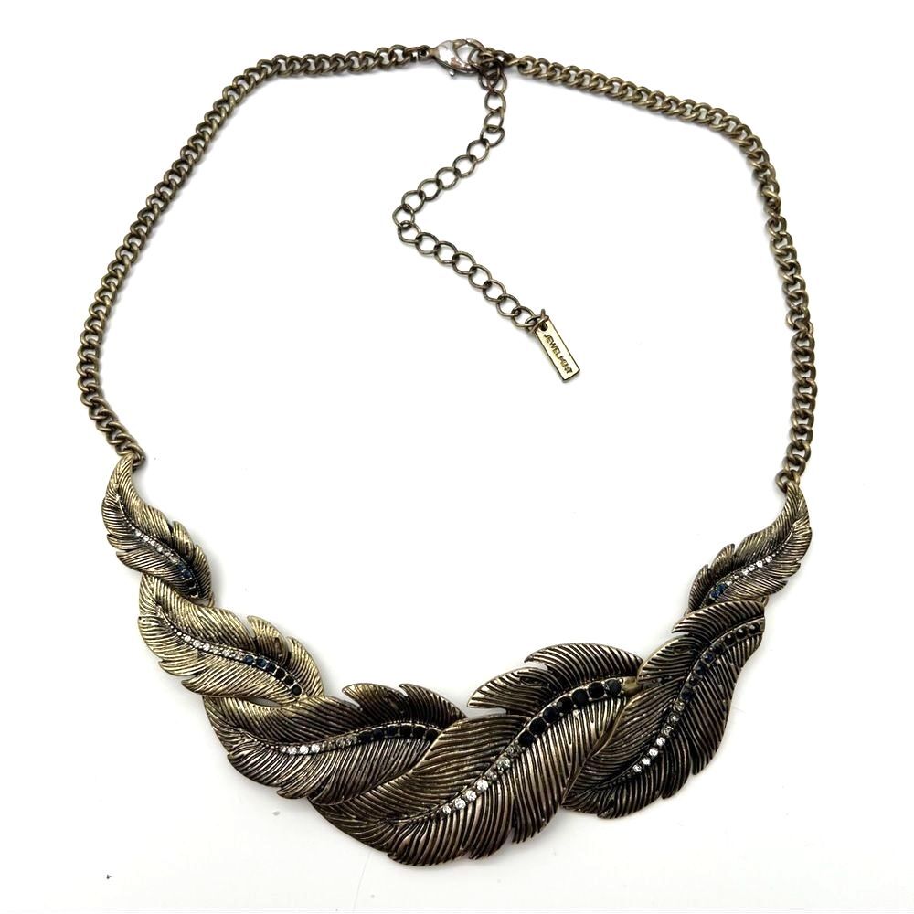 Jewel Mint Signed Antiqued Gold Tone Feather Necklace With Ombre Rhinestones 16”